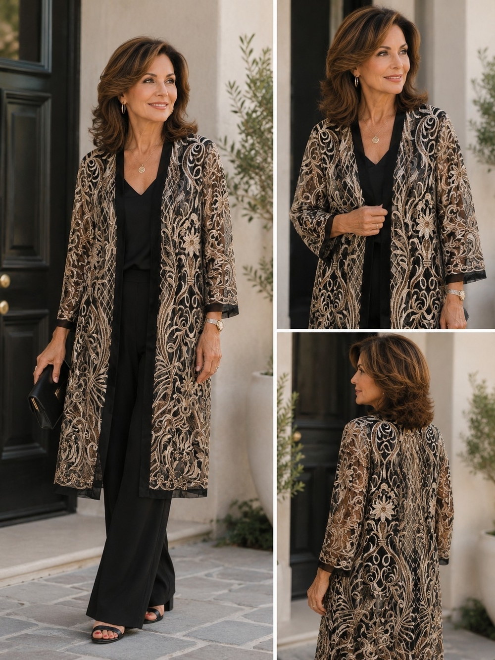 R&M Richards Embroidered Black & Gold Sequenced Long Kimono Jacket